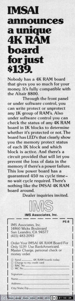 864 - IMSAI annunces a unique 4K RAM board for just $139, 1976