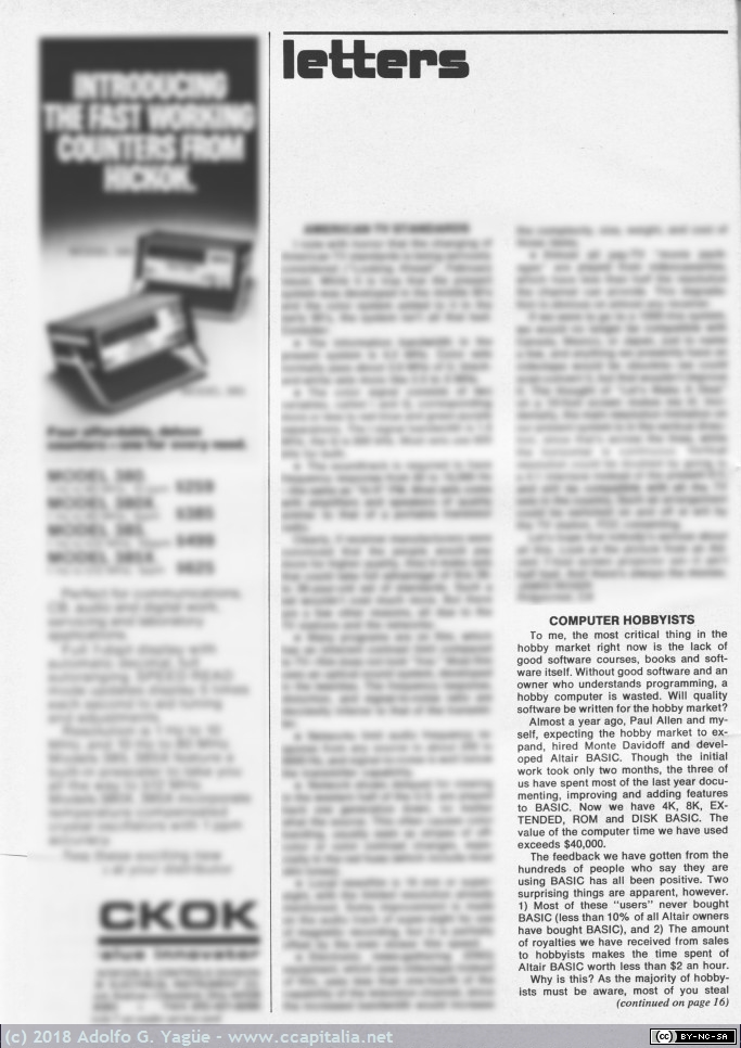 498 - Carta de Bill Gates a los Aficionados a los Ordenadores. Radio Electronics. Mayo (1),  1976