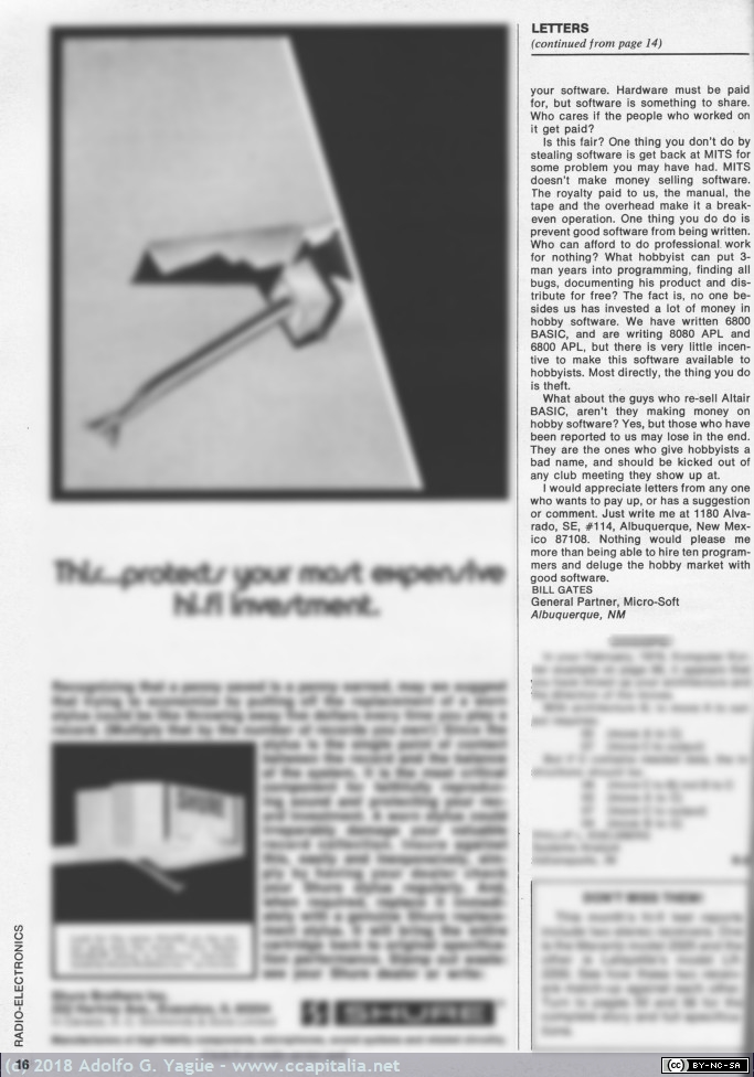 498 - Carta de Bill Gates a los Aficionados a los Ordenadores. Radio Electronics. Mayo (2),  1976
