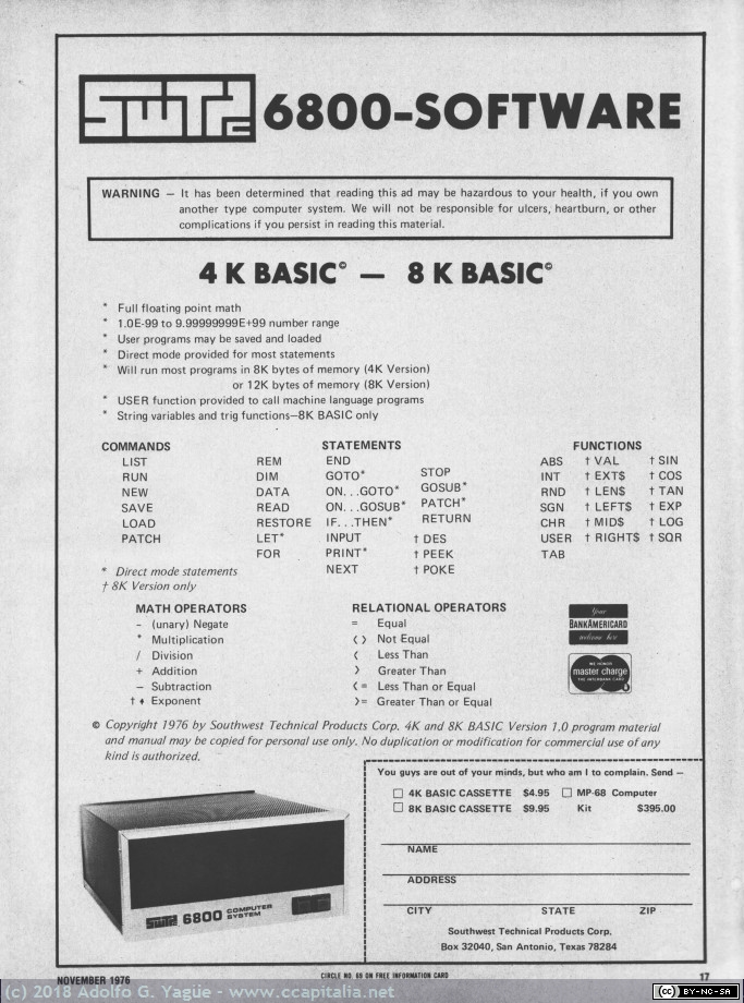 867 - Southwest Technical Products Corp. SWTPC 6800-SOFTWARE. Popular Electronics, 1976