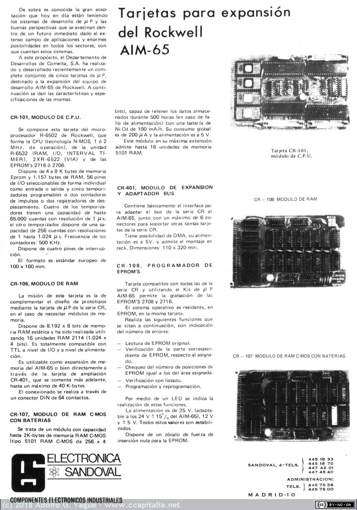 872 - Tarjetas para expansión del Rockwell AIM-65. Electrónica Sandoval, 1980