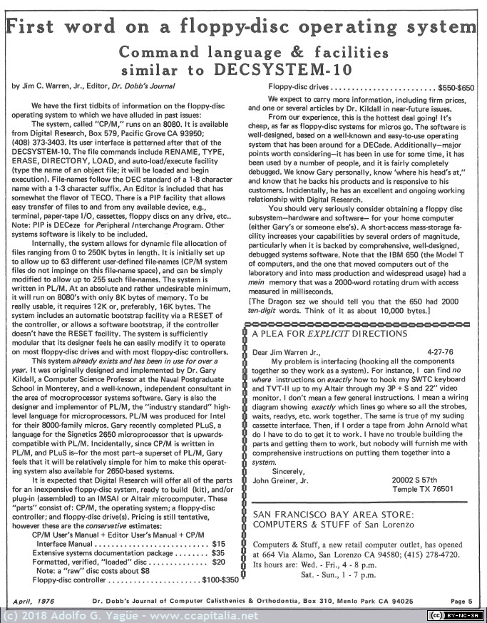 899 - First word on a floppy-disc operating system. CP/M. DDJ, 1976