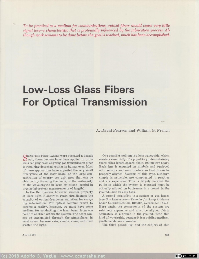736 - Low-Loss Glass Fibers For Optical Transmission. Bell Laboratories Record (2), 1972