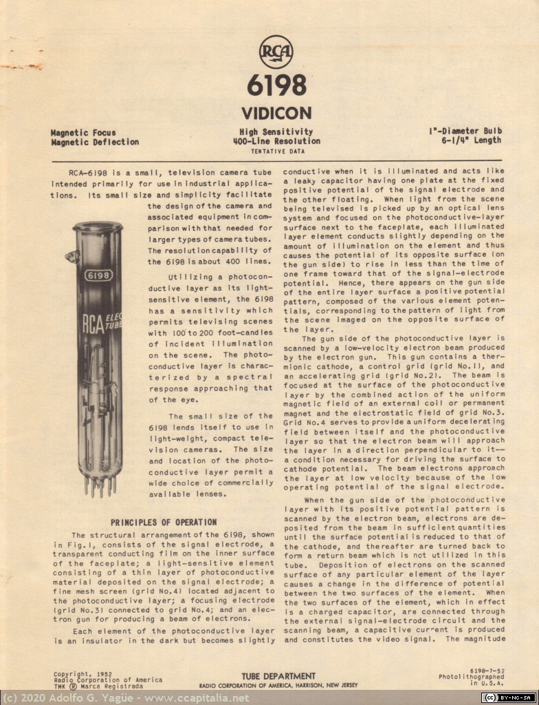 1311 - RCA Vidicon 6198 (400-line resolution). Specification and application data (1), 1952