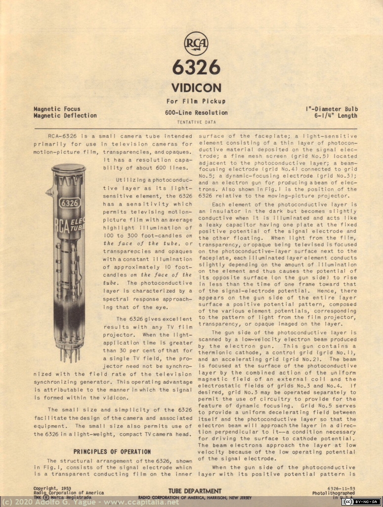 1312 - RCA Vidicon 6326 (600-line resolution). Specification and application data (1), 1953