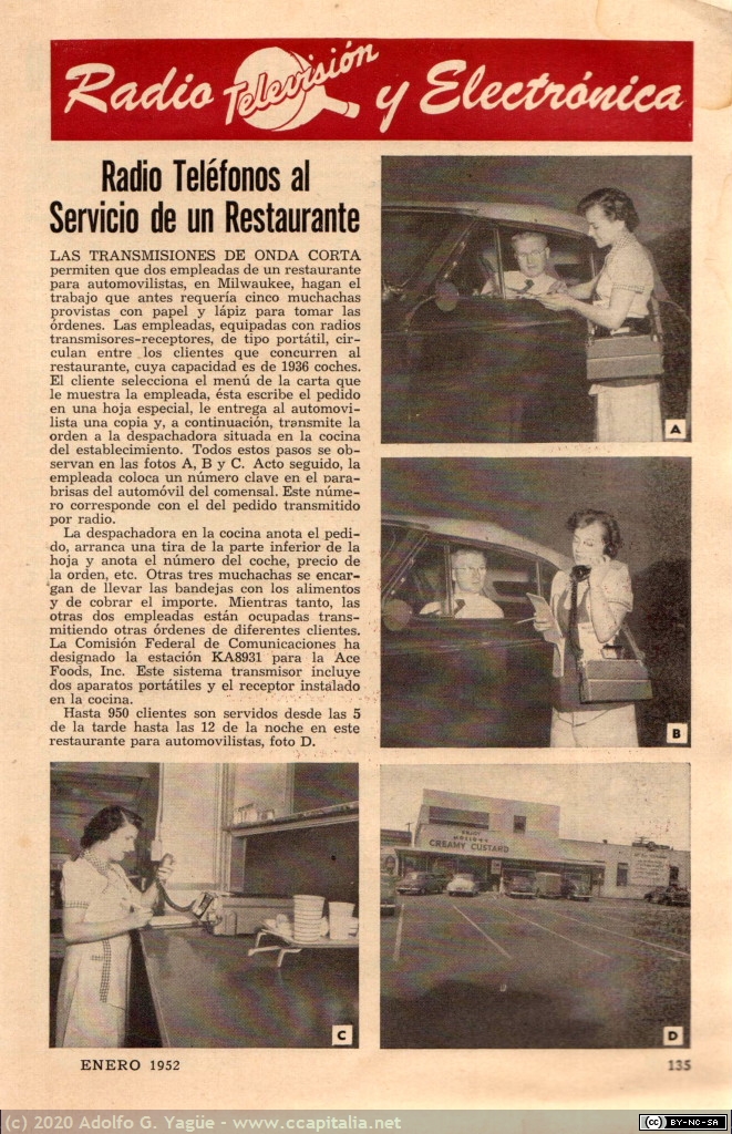 1360 - Radio teléfonos al servicio de un restaurante. Mecánica Popular, Enero, 1952