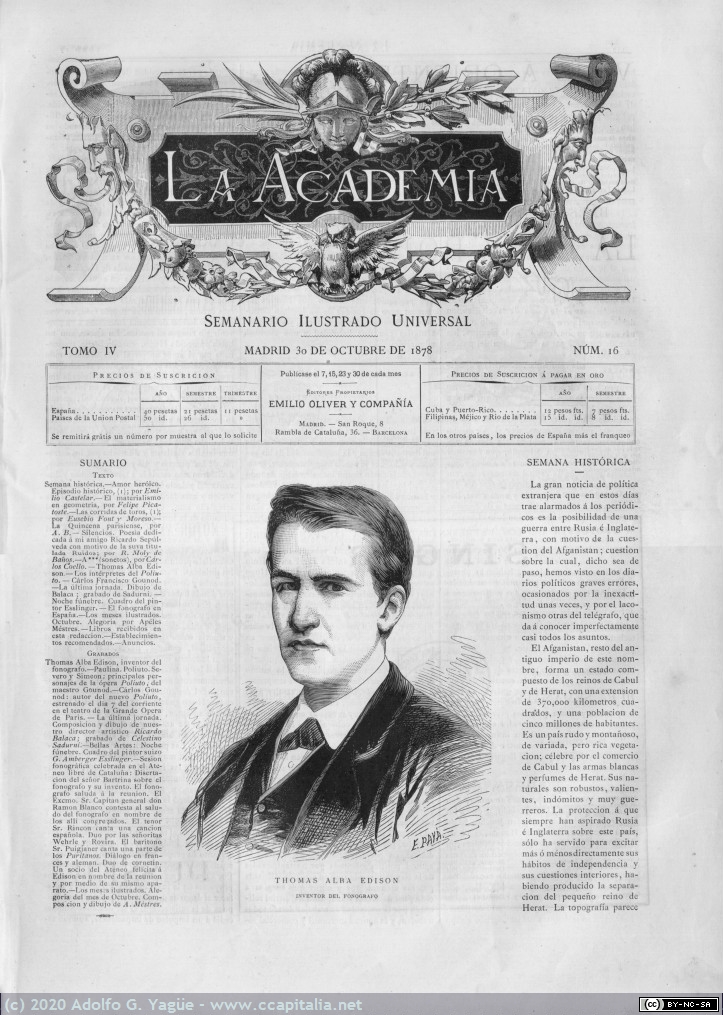 1378 - Primera exhibición del fonógrafo de Edison en el Ateneo Libre de Cataluña. La Academia (1),  1878