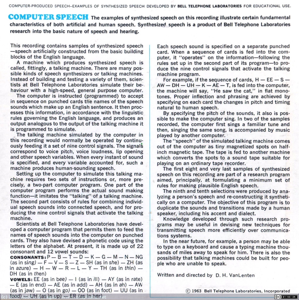 1410 - Computer Speech. Bell Telephone Laboratories (2), 1963