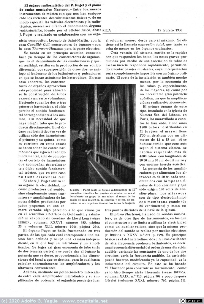 1426 - El órgano radiosintético del P. Puget y el piano de ondas musicales Martenot. La Ibérica (1), 1936