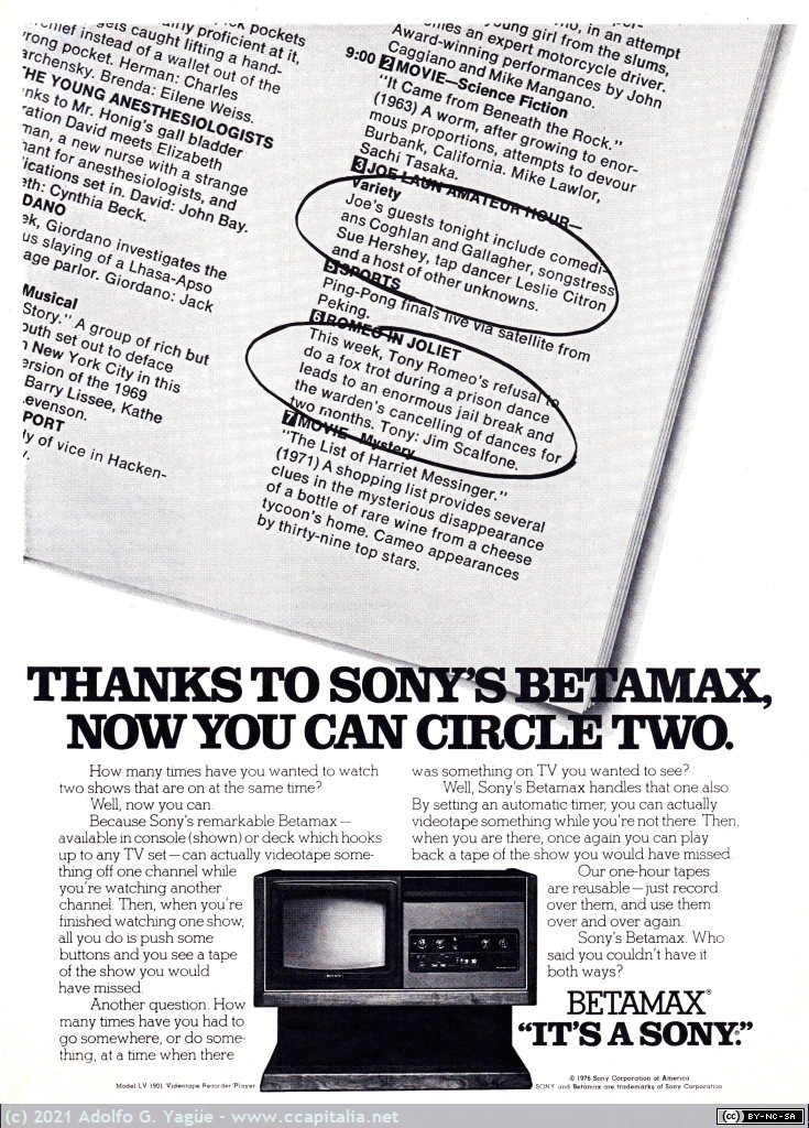 1539 - Sony Betamax LV-1901. Thanks to Sony's Betamax now you can circle two, 1976