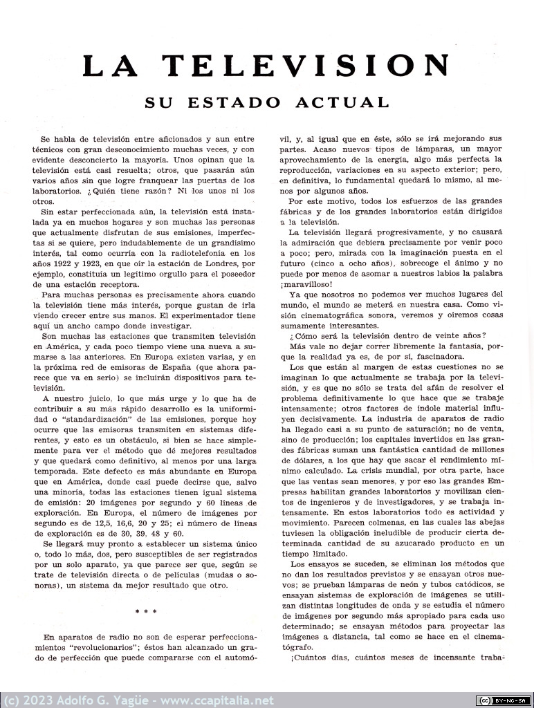 1651 - La Televisión, su estado actual. Radio y Televisión. Marzo (3), 1933