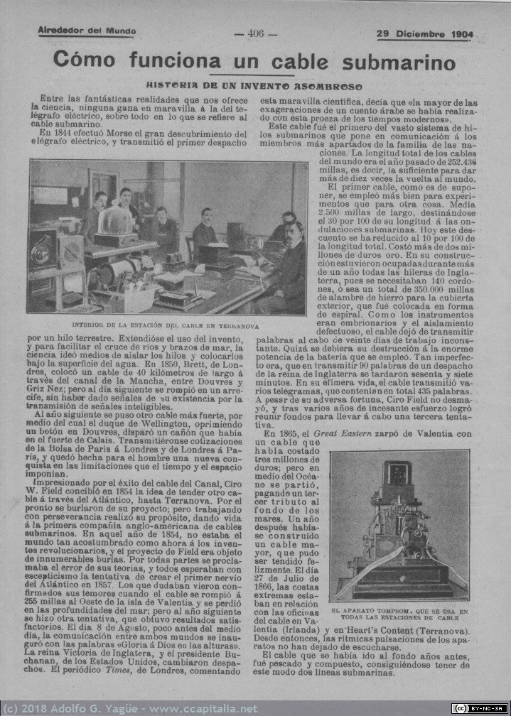 780 - Cómo funciona un cable submarino. Alrededor del mundo, 1904