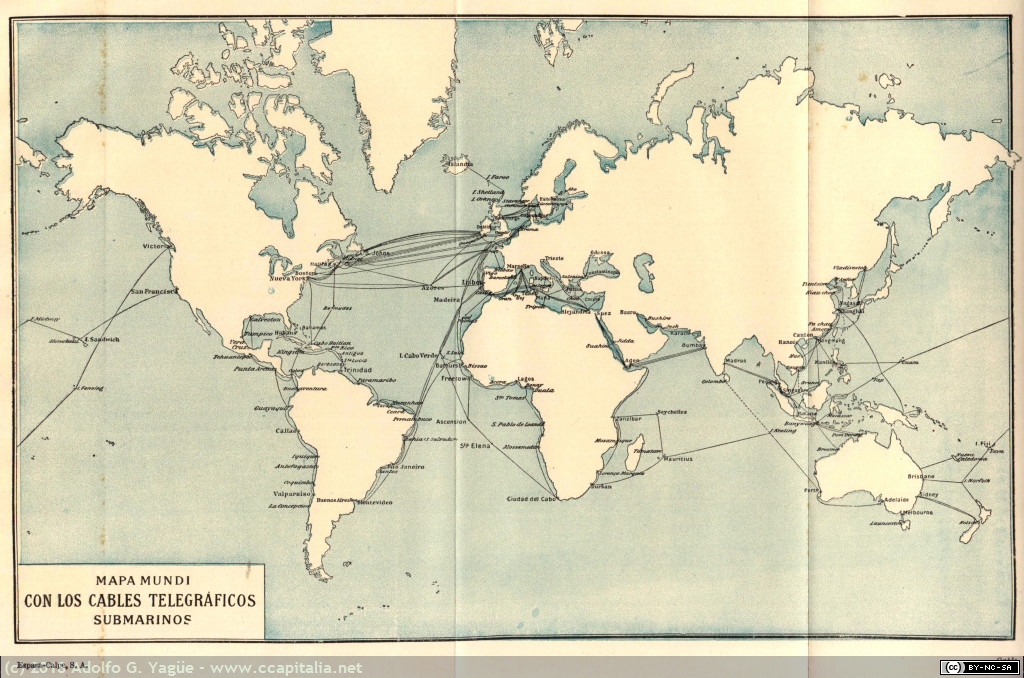 800 - Mapa mundi con los cables telegráficos submarinos. Enciclopedia Espasa, 1929