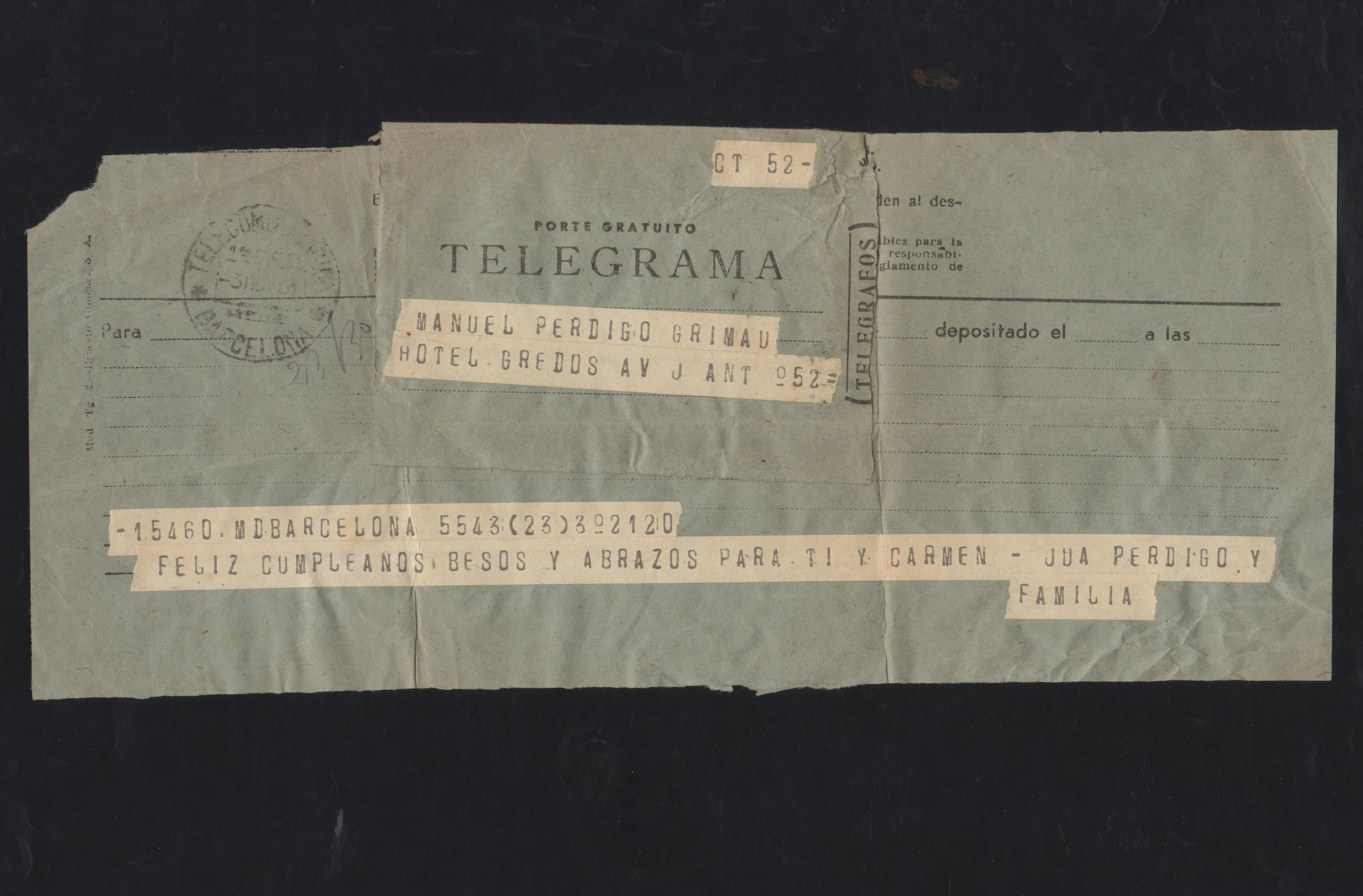 816 - Mensaje telegráfico que fue entregado al destinatario (Manuel Perdigo), 1951