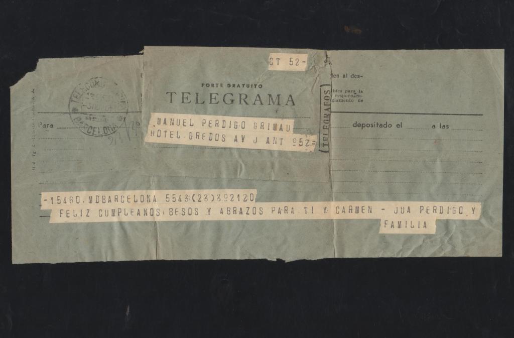 816 - Mensaje telegráfico que fue entregado al destinatario (Manuel Perdigo), 1951