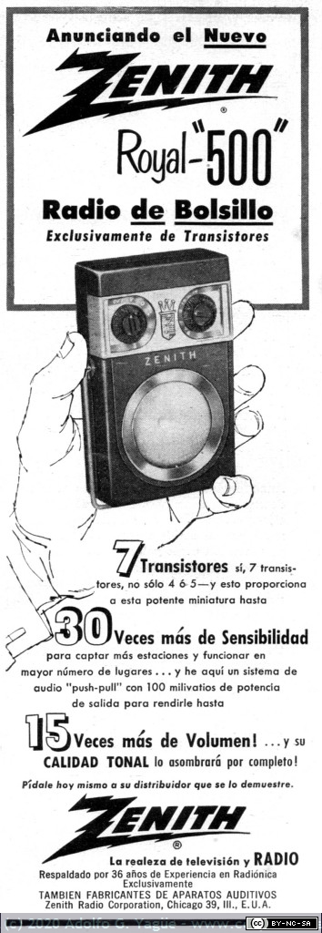 1370 - Anunciando en nuevo Zenith Royal 500. Mecánica Popular. Mayo, 1957