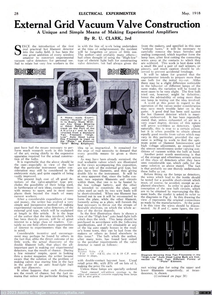 1644 - External Grid Vacuum Valve Construction. Electrical Experimenter, 1918