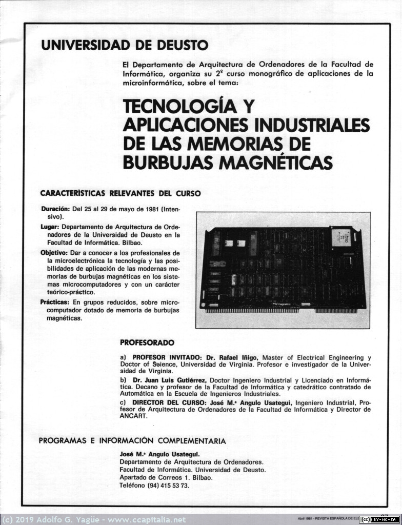 1203 - Tecnología y aplicaciones industriales de la memorias de burbujas magneticas. Universidad de Deusto, 1981