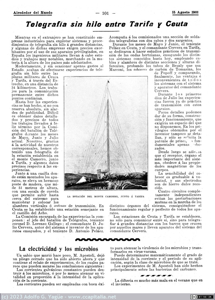1669 - Telegrafía sin hilo entre Tarifa y Ceuta. Alrededor del Mundo n.115, 1901