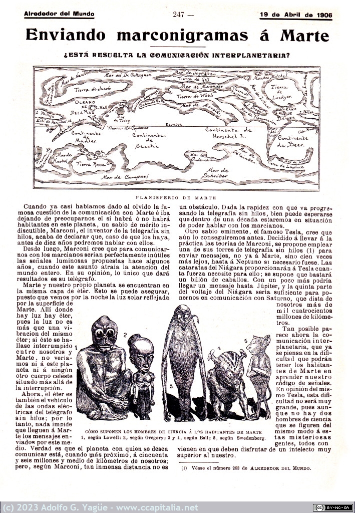 1704 - Enviando marconigramas a Marte ¿Está resuelta la comunicacion interplanetaria?. Alrededor del Mundo n.359, 1906