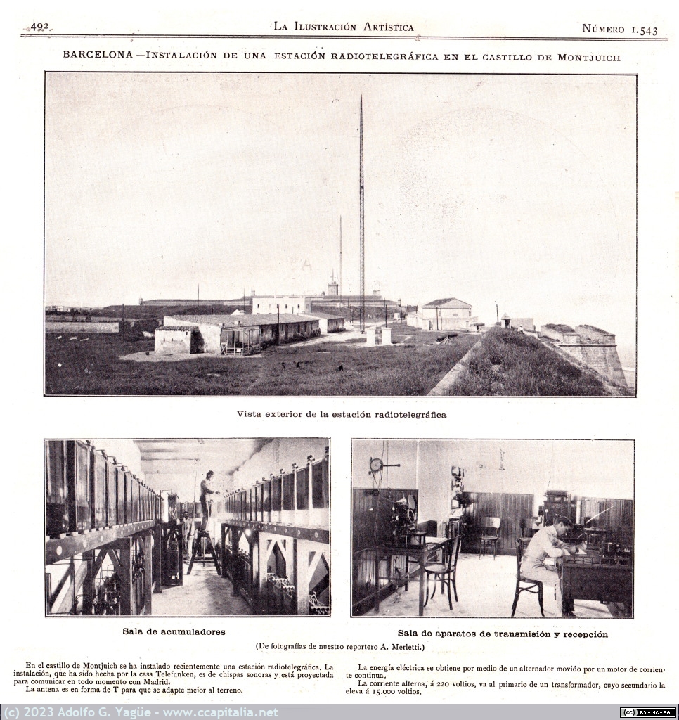 1707 - Estación radiotelegráfica militar en el castillo de Montjuich. La Ilustración Artística n.1543, 1911