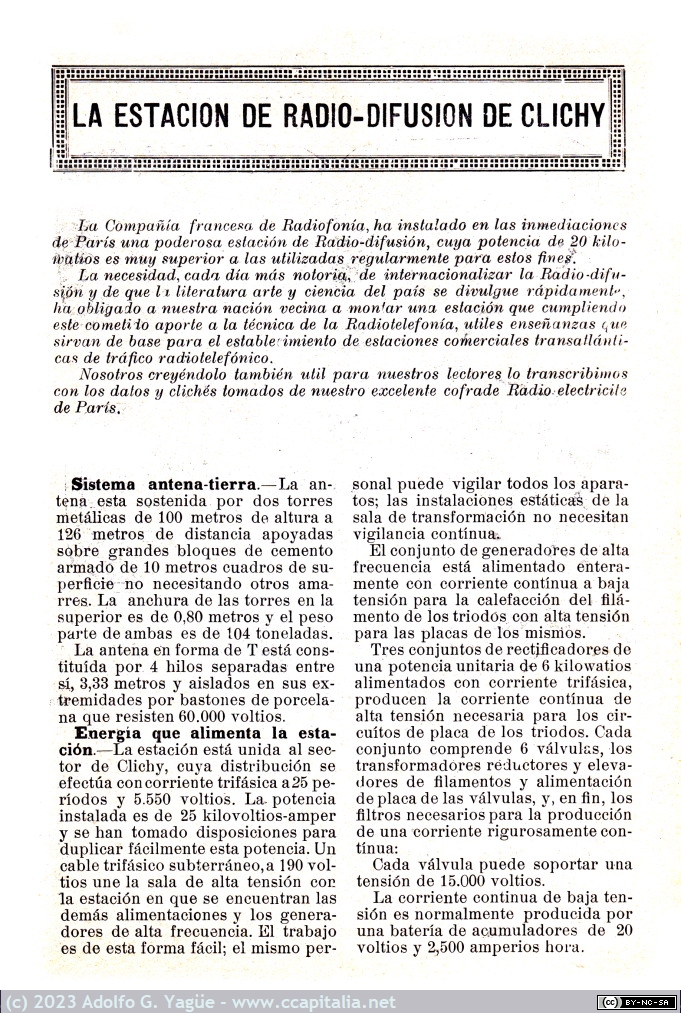 1716 - La estación de radio-difusion de Clichy (Francia). Radio Sport. Número 4 y 5 (1), 1924