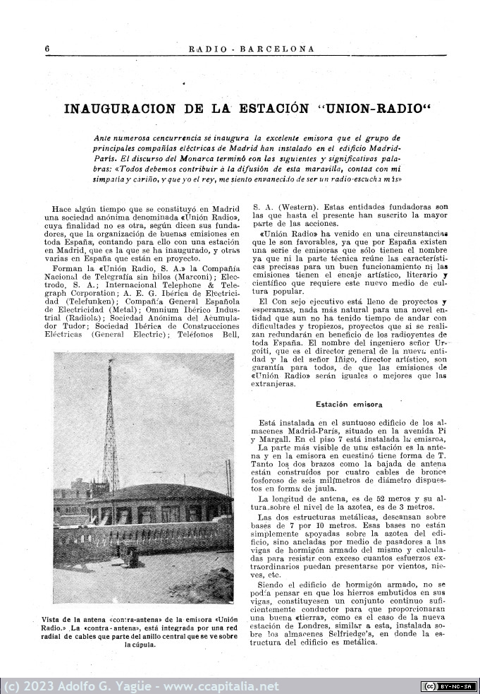 1720 - Inauguración de la estación Unión Radio (EAJ-7, Radio Madrid). Radio Barcelona n.44 (2), 1925