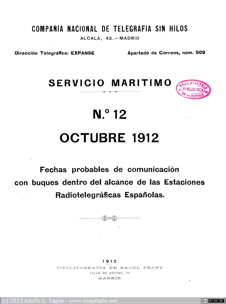 1732 - Fechas probables de comunicación con buques. Companía Nacional de Telegrafía sin Hilos. Octubre (1), 1912