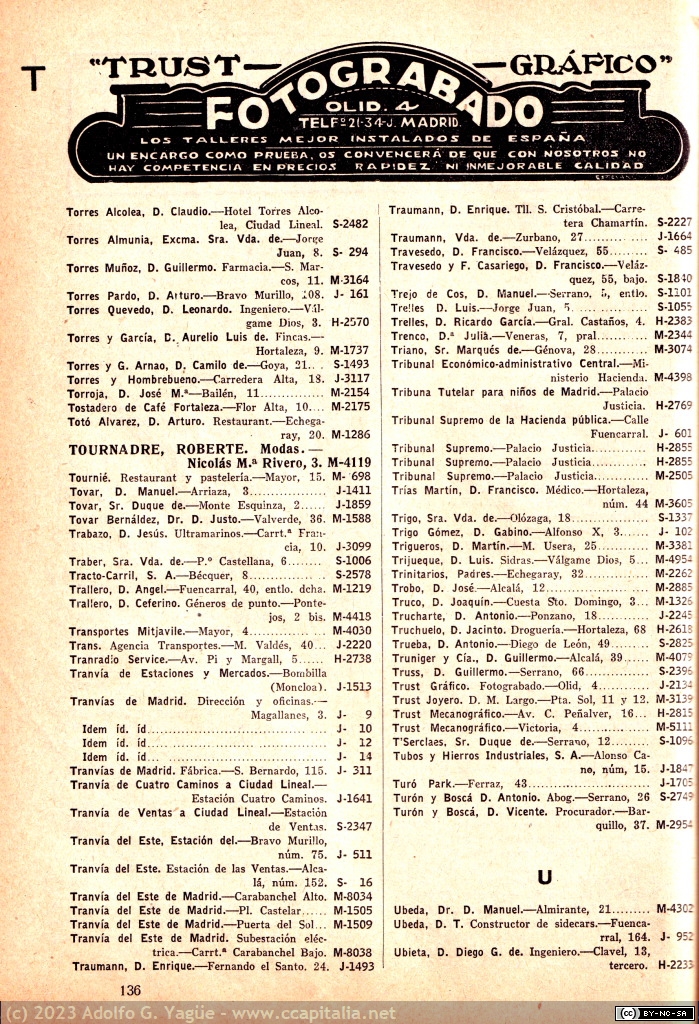 1735 - Compañía Telefónica Nacional de España. Teléfono y dirección de D. Leonardo Torres Quevedo (10), 1926