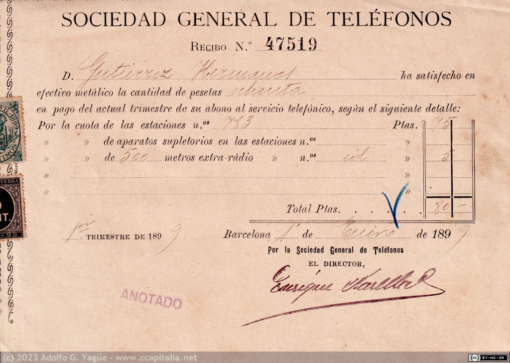 1737 - Recibo 47519 del abonado 783. Sociedad General de Teléfonos. Barcelona, 1899