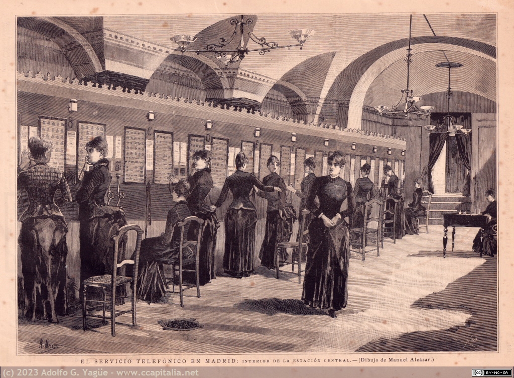 1738 - El servicio telefónico en Madrid. Interior de la estación central. La Ilustración Española y Americana, 1893