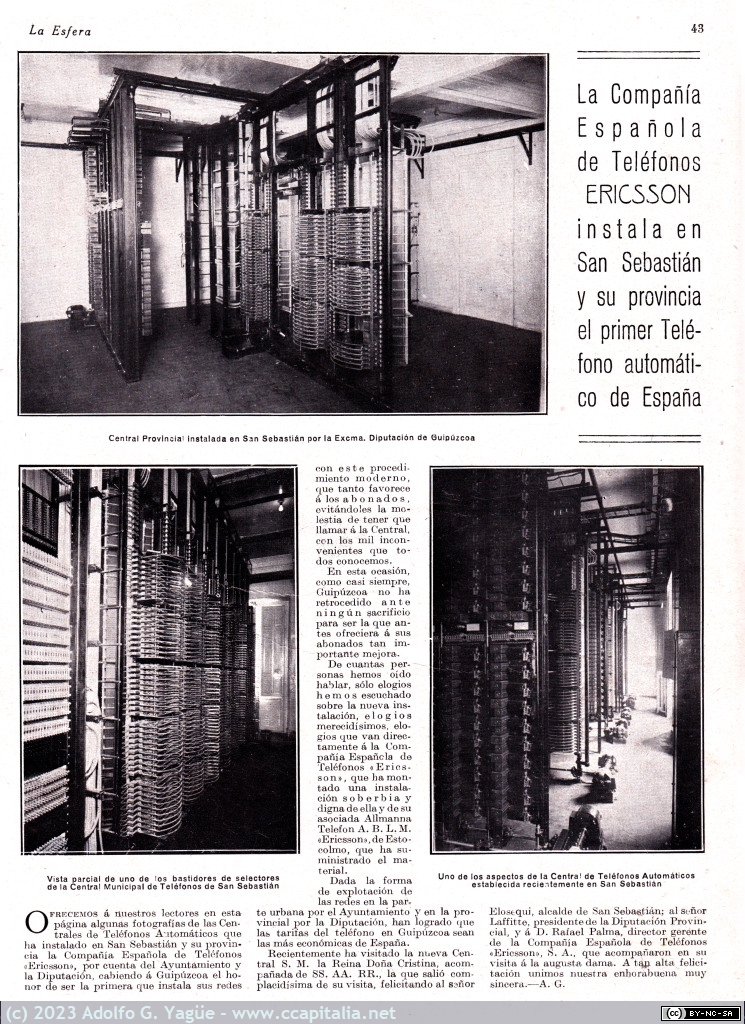1746 - La Compañía Española de Telefonos Ericsson instala en San Sebastian el primer telefono automático (12-6-26), 1926