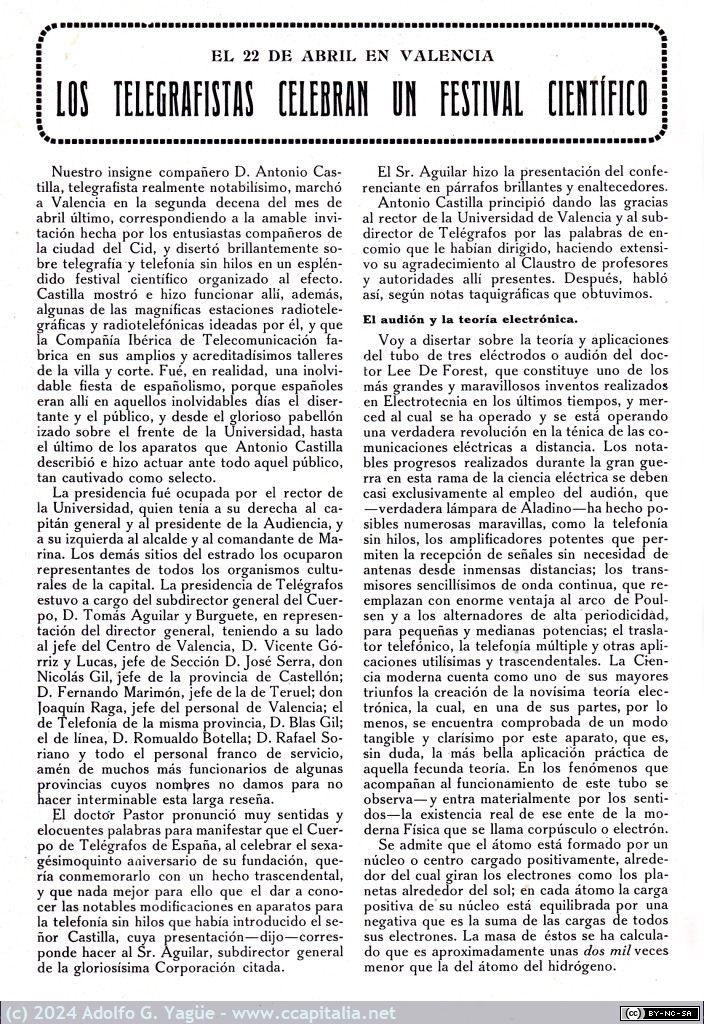 1850 - Los telegrafístas celebran un festival científico. Valencia, 22 Abril 1920. El Telégrafo Español. Mayo (1), 1920