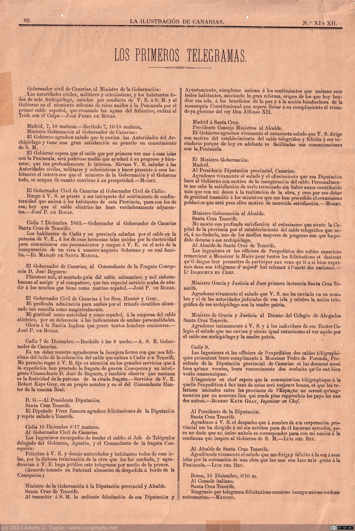 1851 - Inauguración del Cable Telegráfico de Cádiz a Tenerife. La Ilustración de Canarias (2), 1883