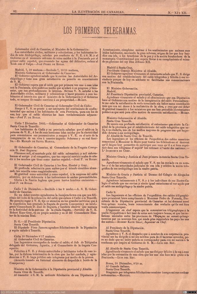 1851 - Inauguración del Cable Telegráfico de Cádiz a Tenerife. La Ilustración de Canarias (2), 1883