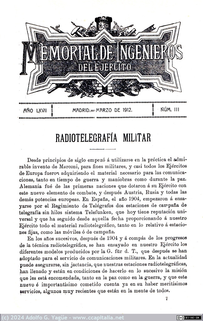 1854 - Radiotelegrafía Militar. Memorial de Ingenieros del Ejercito (1), 1912
