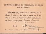 1857 - Compañía Nacional de Telegrafía sin Hilos. Invitación Ritz. D. Augusto Gálvez Cañero (Ing. Caminos y Político), 1912