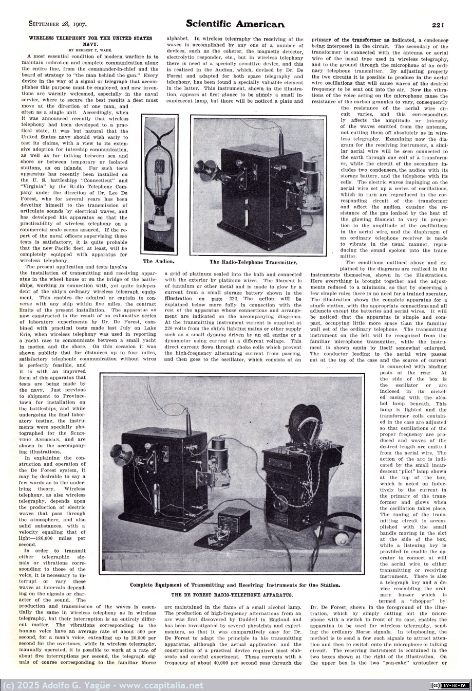 1959 - Wireless Telephony for the United States Navy. The Audion De Forest (1), 1907