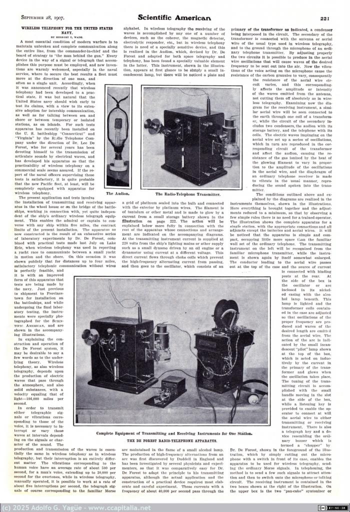 1959 - Wireless Telephony for the United States Navy. The Audion De Forest (1), 1907