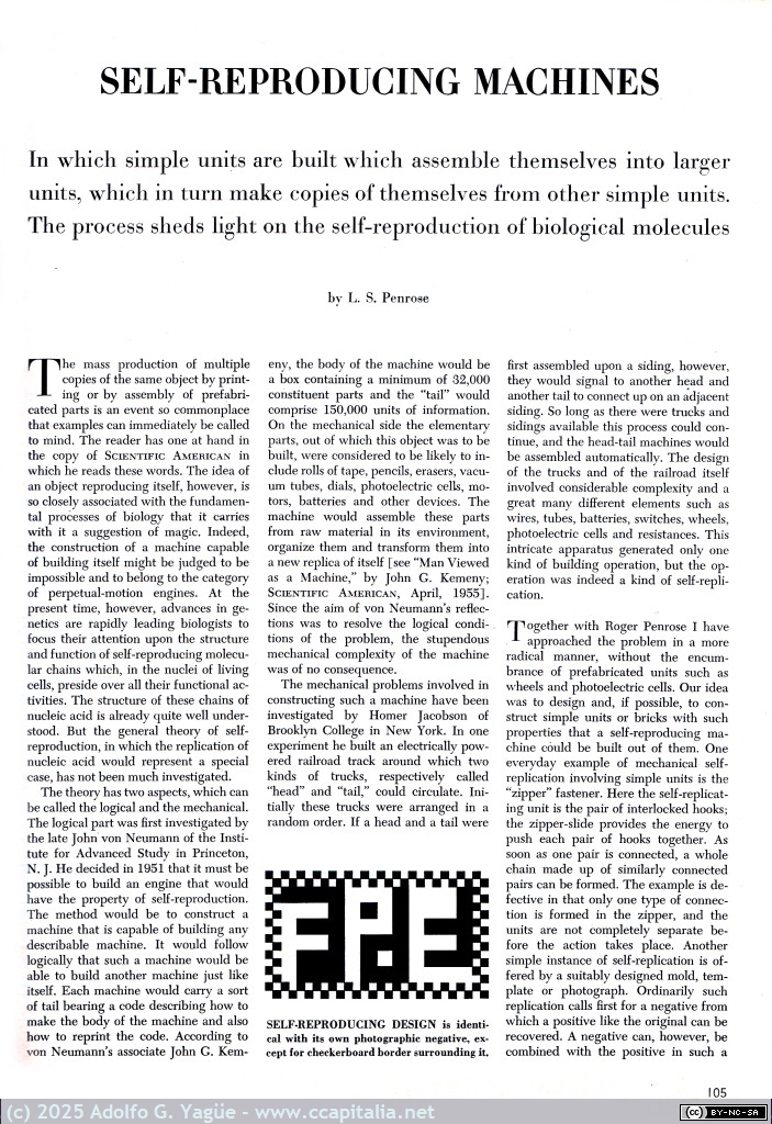 1972 - Self-Reproducing Machines. L. S. Penrose. Scientific American. June (1), 1959