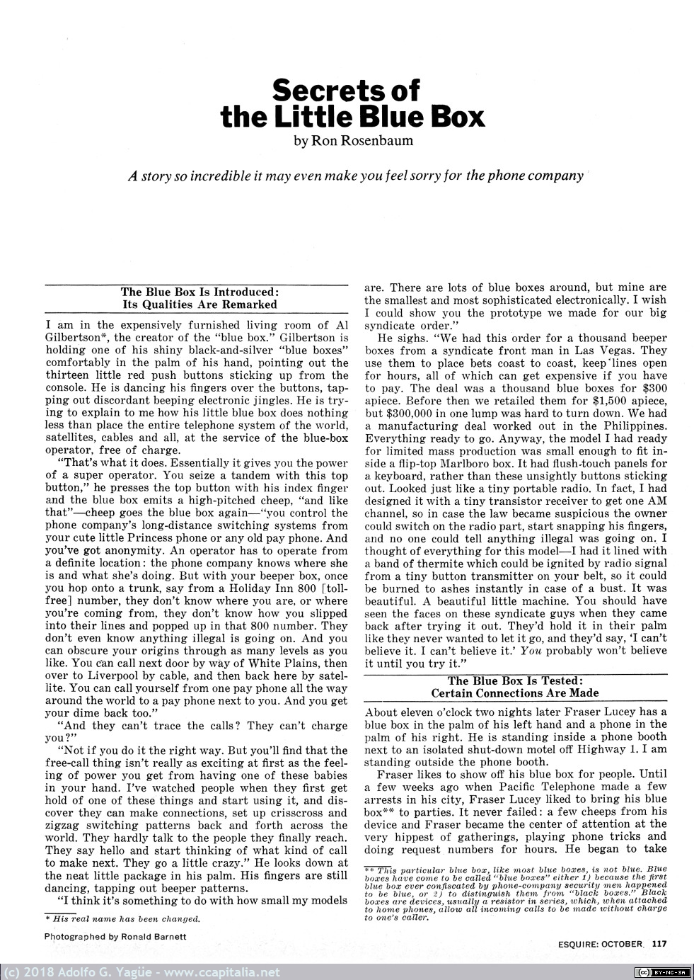 280 - Secrets of the Little Blue Box, R. Rosenbaum. Artículo sobre phreaking y Engressia, Teresi, Draper. Esquire (2), 1971