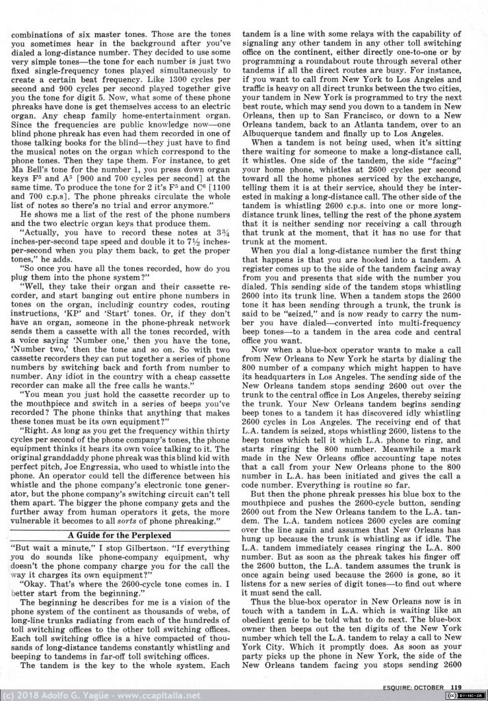 280 - Secrets of the Little Blue Box, R. Rosenbaum. Artículo sobre phreaking y Engressia, Teresi, Draper. Esquire (4), 1971
