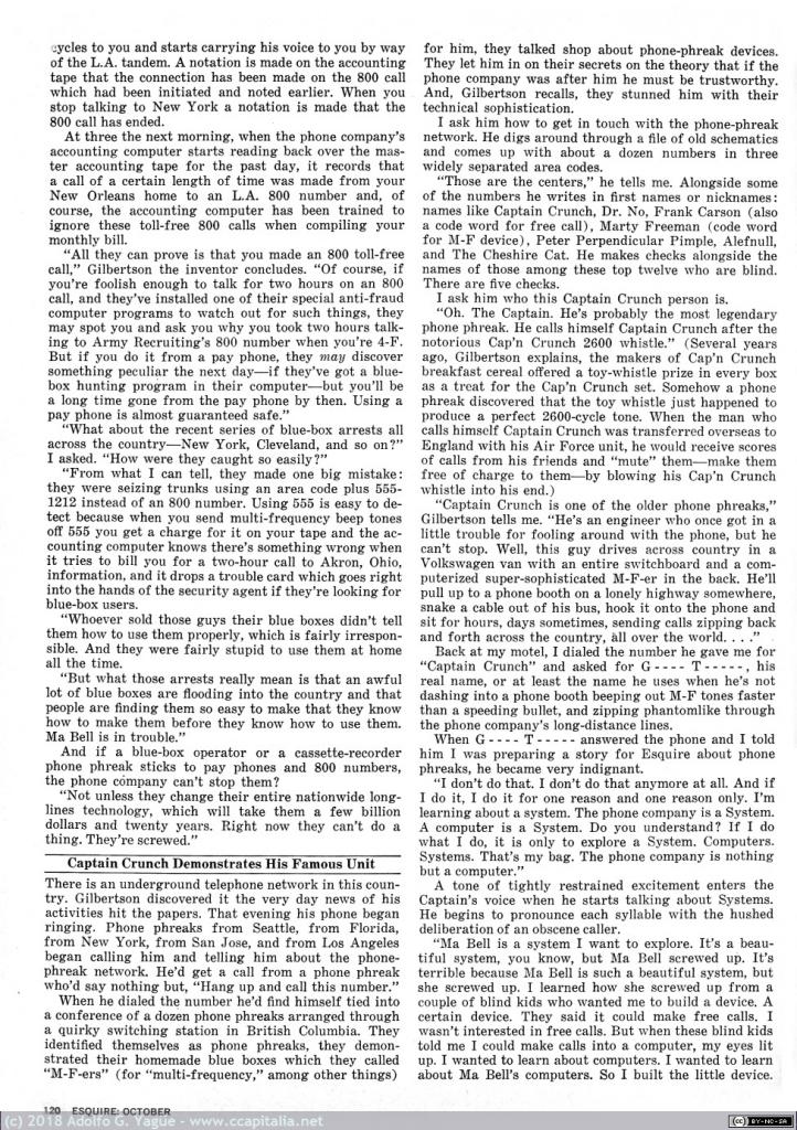 280 - Secrets of the Little Blue Box, R. Rosenbaum. Artículo sobre phreaking y Engressia, Teresi, Draper. Esquire (5), 1971