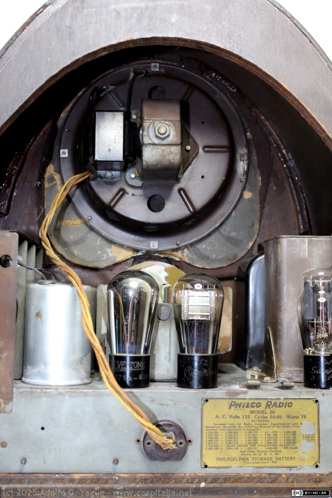 1817 - Philco model 20. Su diseño facilitó incorporar internamente un altavoz electrodinámico de bobina móvil (2), 1930