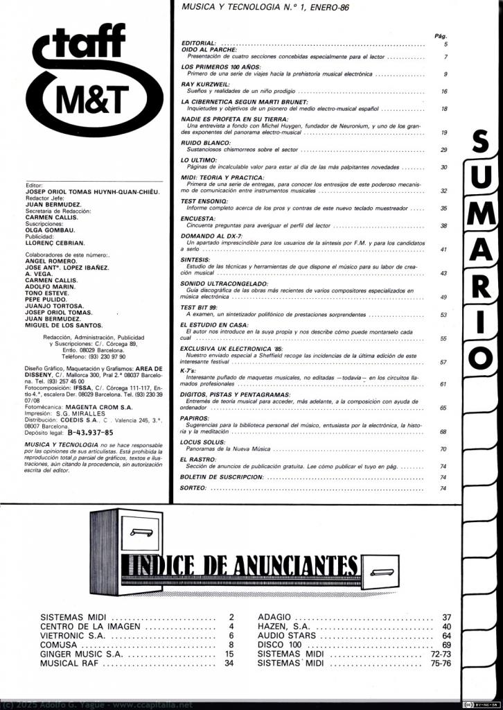 2018 - Música y Tecnología. Staff y contenido del primer número (2), 1986