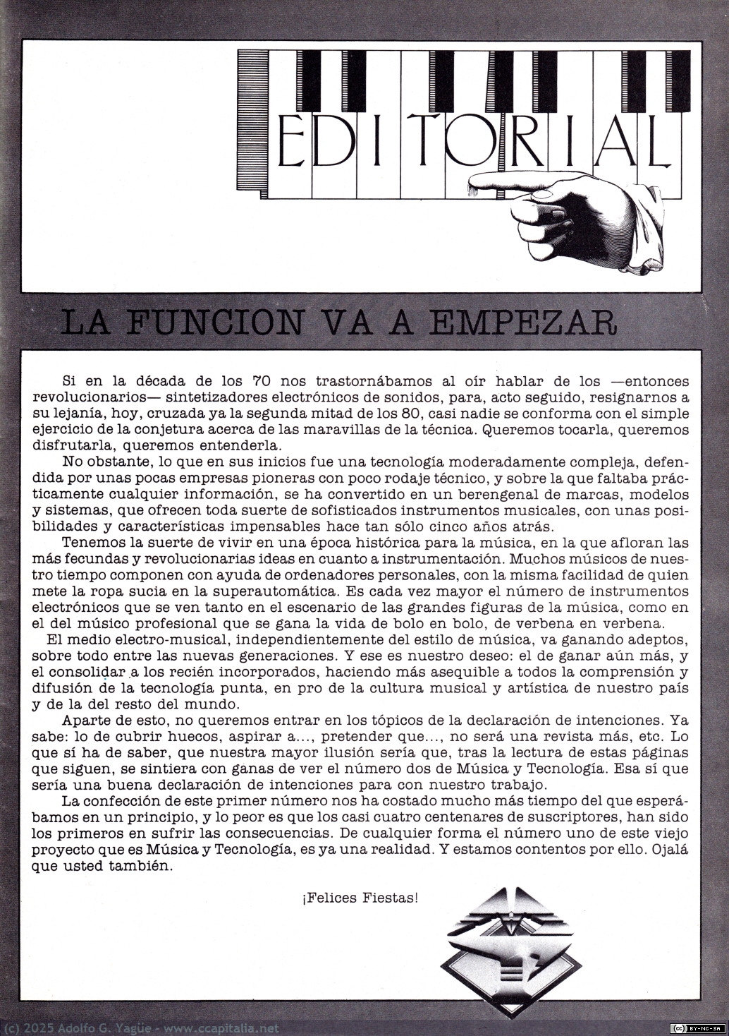 2018 - Música y Tecnología. Editorial del primer número (3), 1986