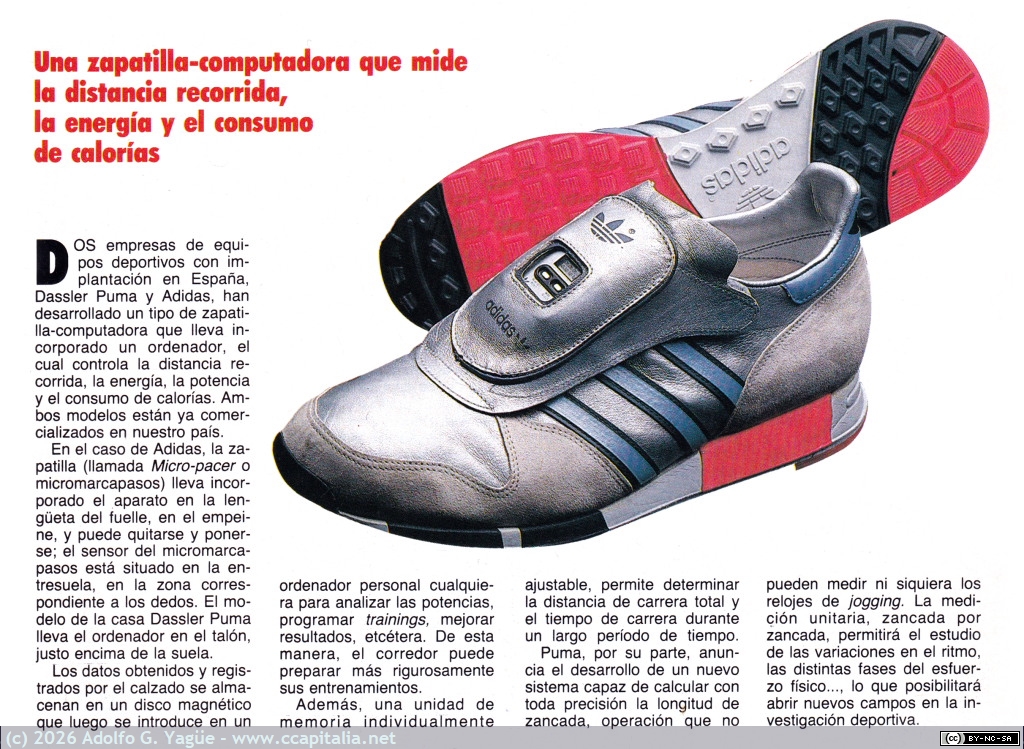 635 - Una zapatilla-computadora que mide la distancia recorrida, la energía y el consumo de calorías, 1985