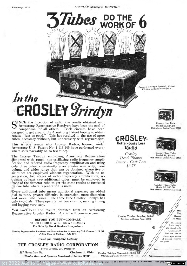 665 - Crosley Trirdyn. 3 Tubes do the Work of 6 (uso de Patente Armstrong 1113149), 1925