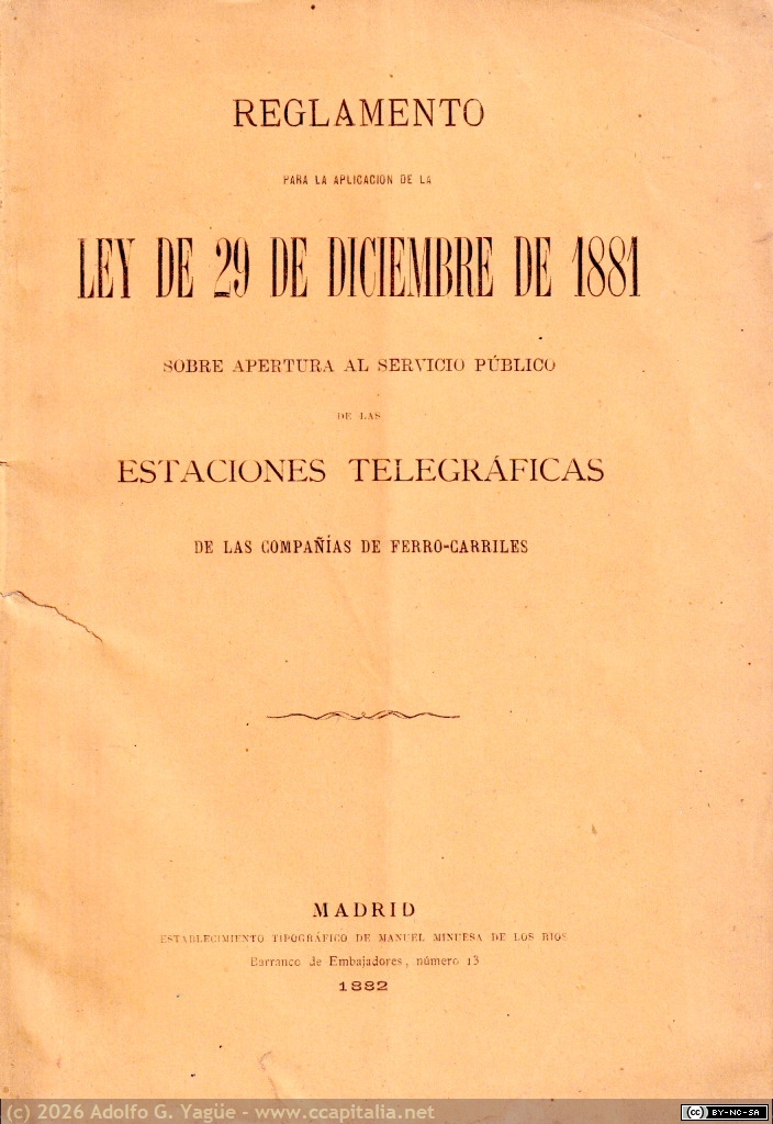 1670 - Reglamento apertura al servicio público de las estaciones telegráficas de las compañías de ferro-carriles (1), 1882