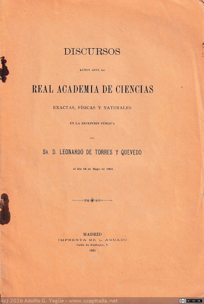 1671 - Discurso de Leonardo Torres Quevedo sobre Máquinas de Cálculo Algebraico. Real Academia de Ciencias (1), 1901
